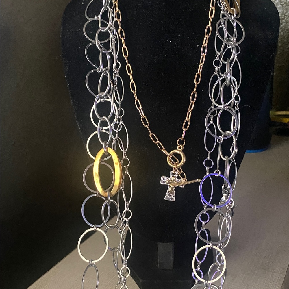 Chic Gold and Silver Necklace/ Cross Pendant 5 layering necklaces free earrings - Picture 6 of 10